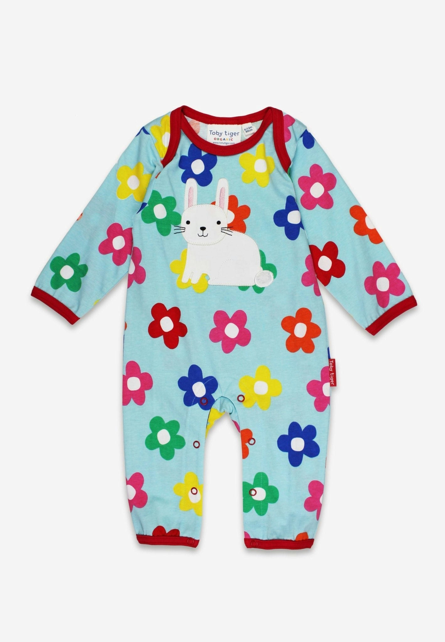 Toby Tiger Blue Organic Rainbow Bloom Bunny Applique Sleepsuit - 3-6M / 68Cm