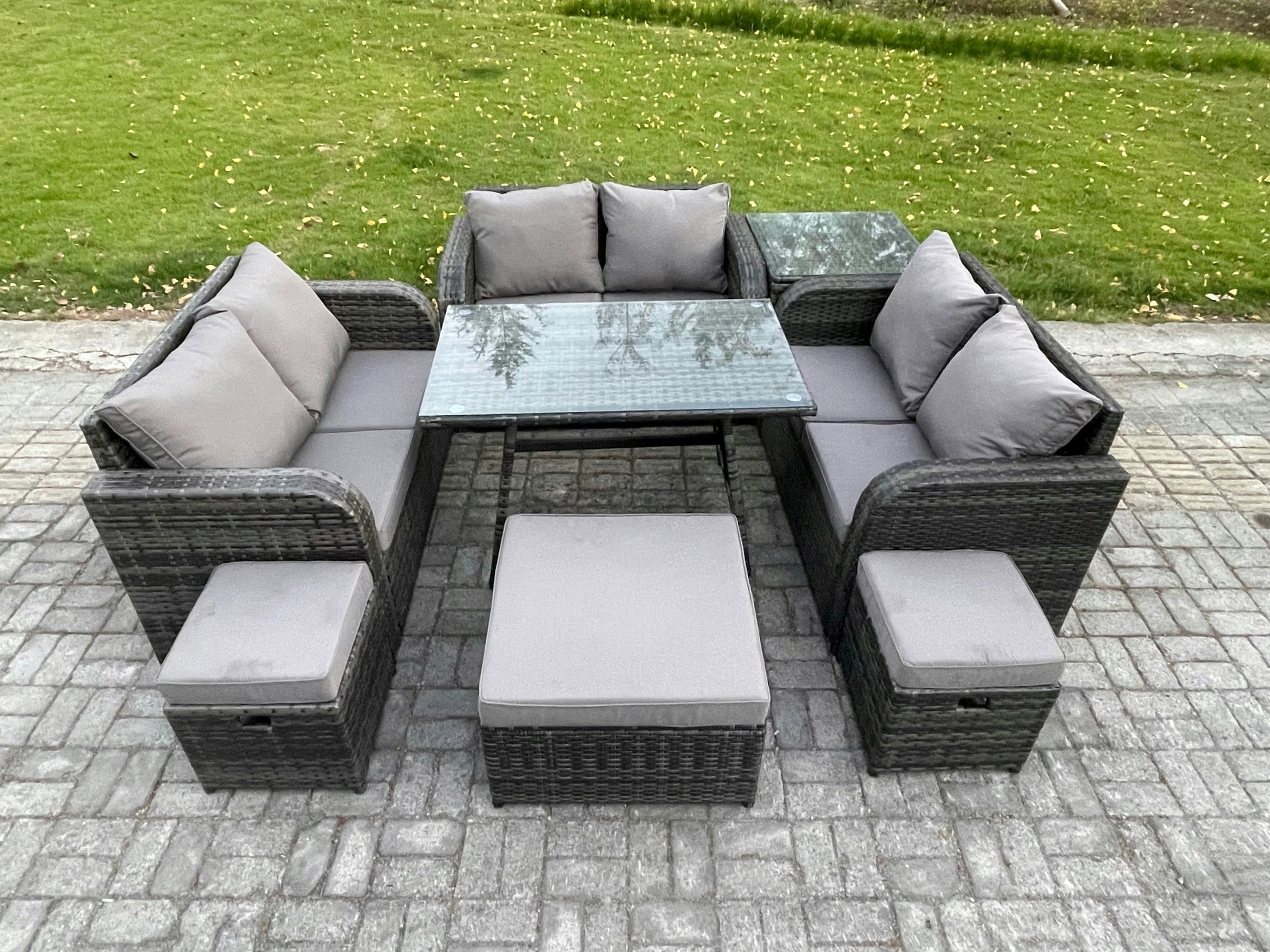 Fimous Dark/Grey Outdoor Rattan Garden Furniture Set 9 Seater Patio Love Sofa Set With Rectangular Dining Table 3 Footstools Side Table Mixed