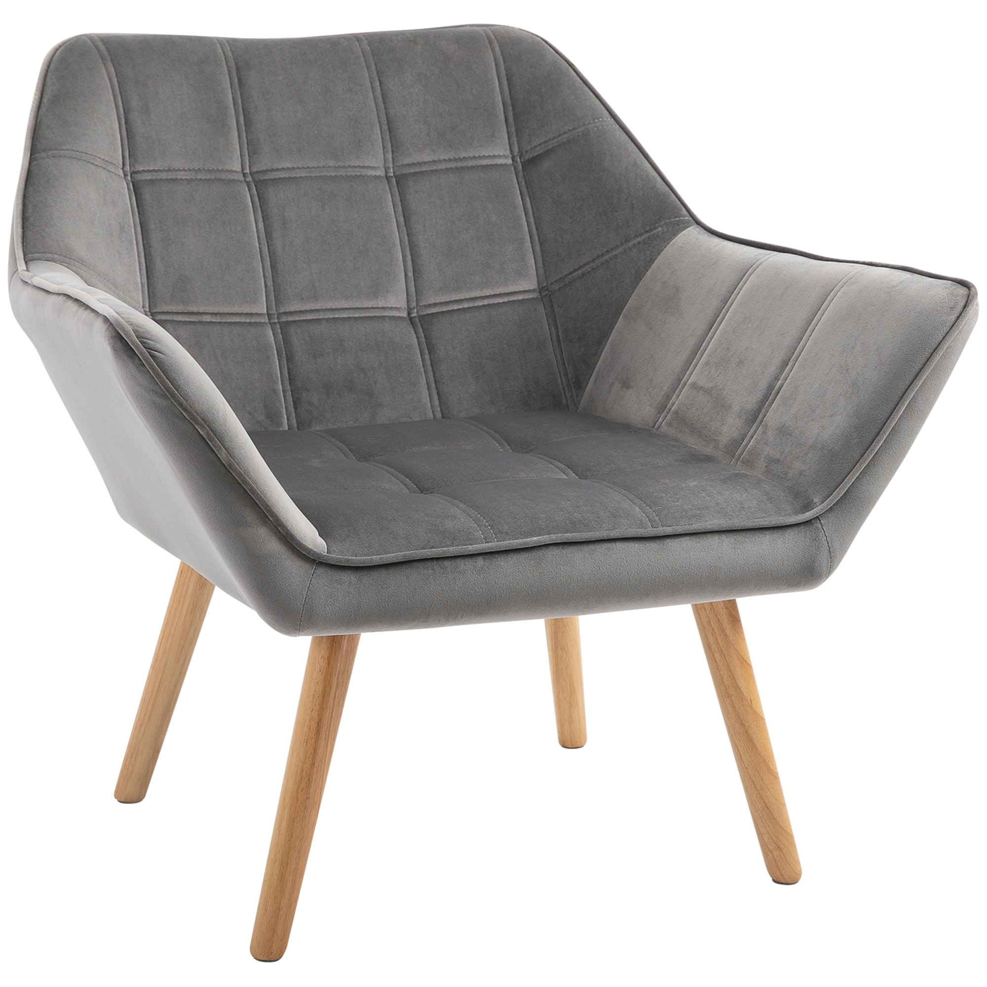 Homcom Grey Velvet-Feel Accent Chair W/ Wide Arms Slanted Back - Rubber Wooden, Steel, Sponge, Velvet (Polyester)