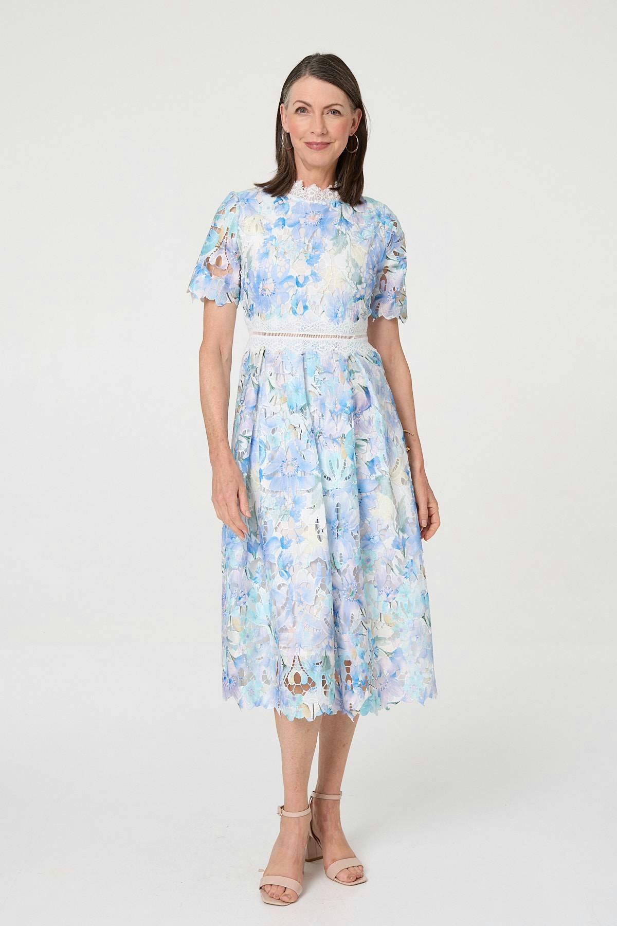 Izabel London Blue Floral Semi Sheer Lace Layer Midi Dress - 8