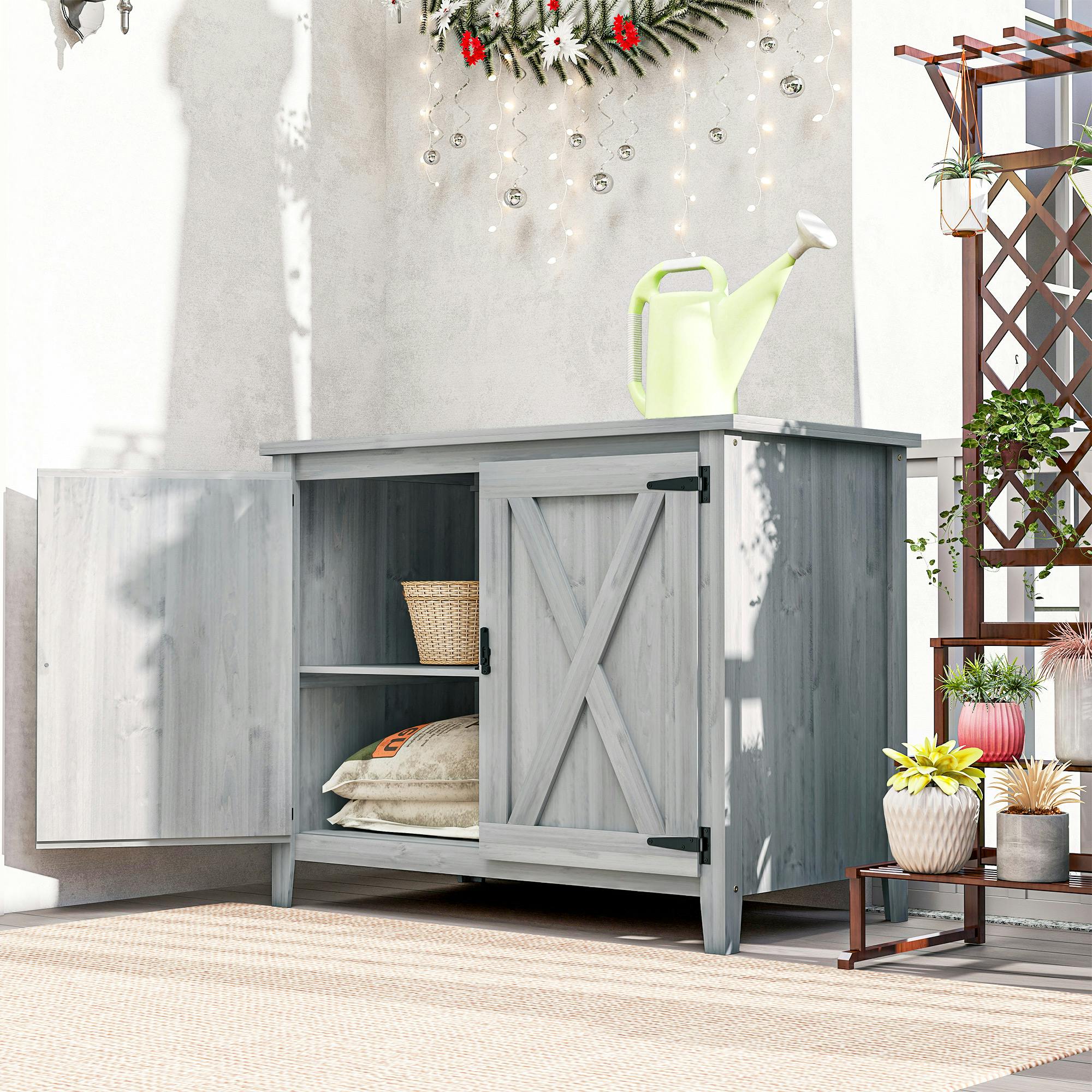 Rackhams Light/Grey Wooden Garden Shed Tool Cabinet 110 X 60 X 88.5 Cm,