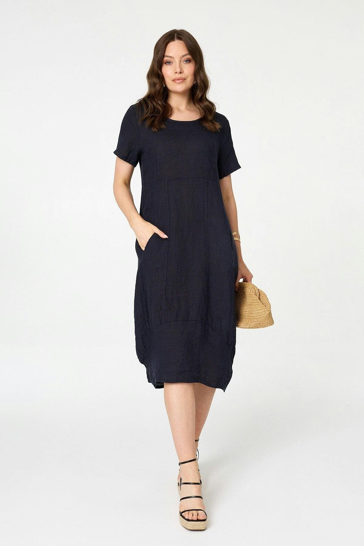 Izabel London Short Sleeve Oversized Midi Shift Dress - 8 - Navy