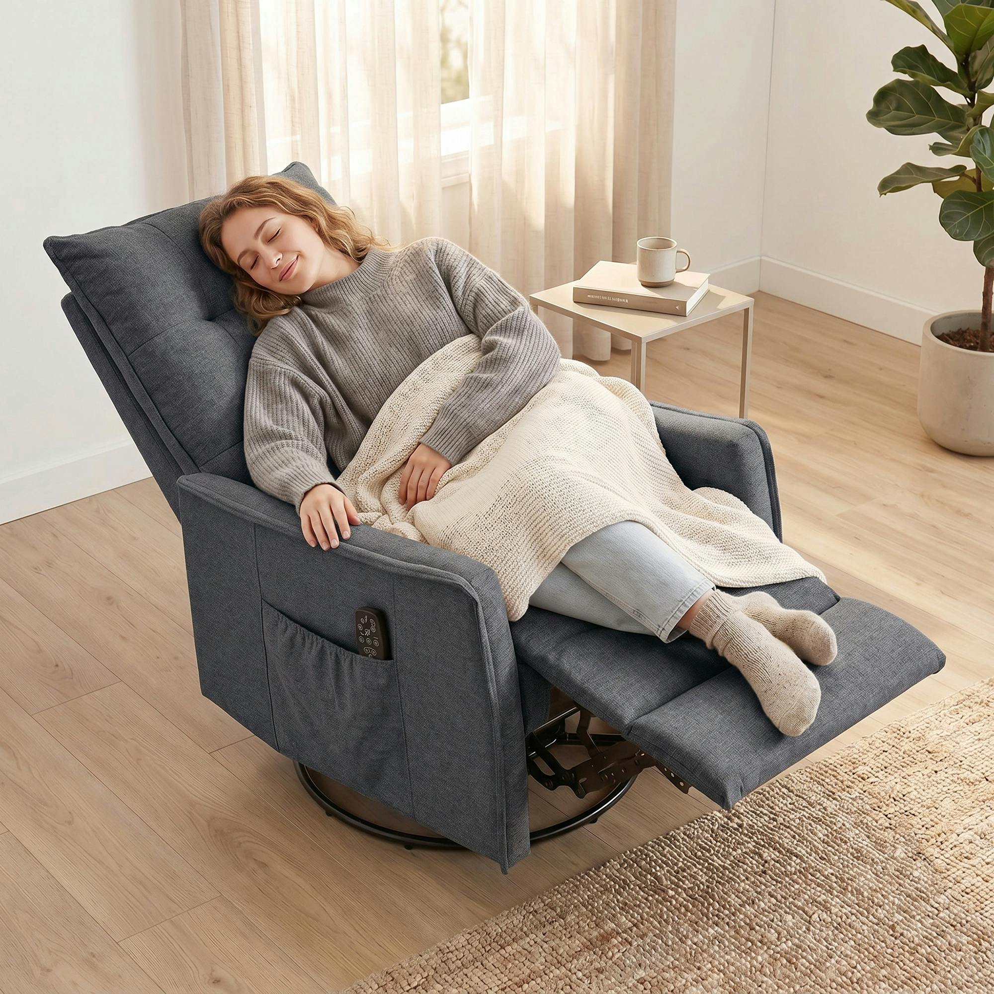 Rackhams Dark/Grey Massage Recliner Armchair, Swivel Rocking Recliner Chair