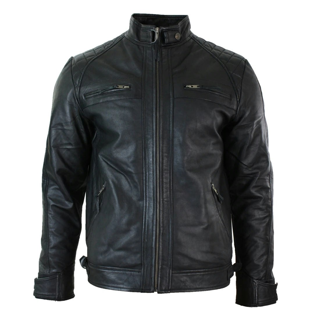 Aviatrix Men's Black Zipped Short Biker Leather Jacket - 3XL - Model 1