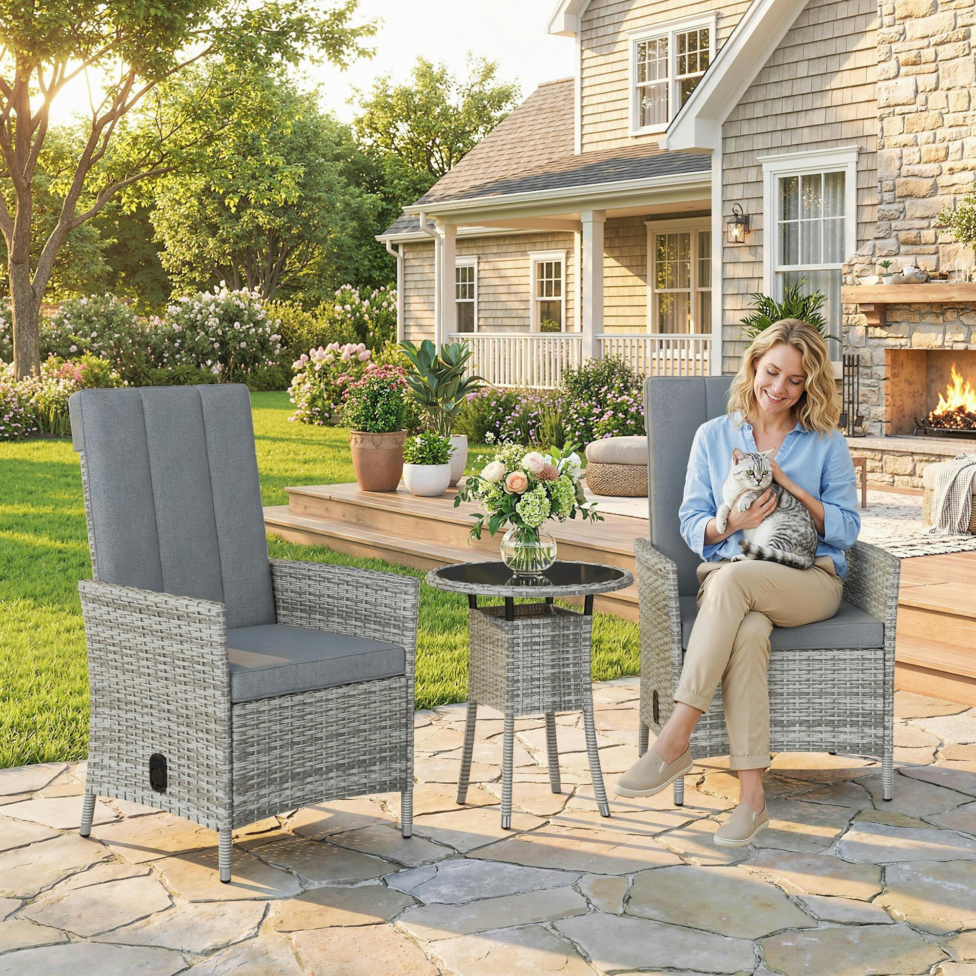 Rackhams Light/Grey Rattan Bistro Set, Reclining Garden Chairs And Table