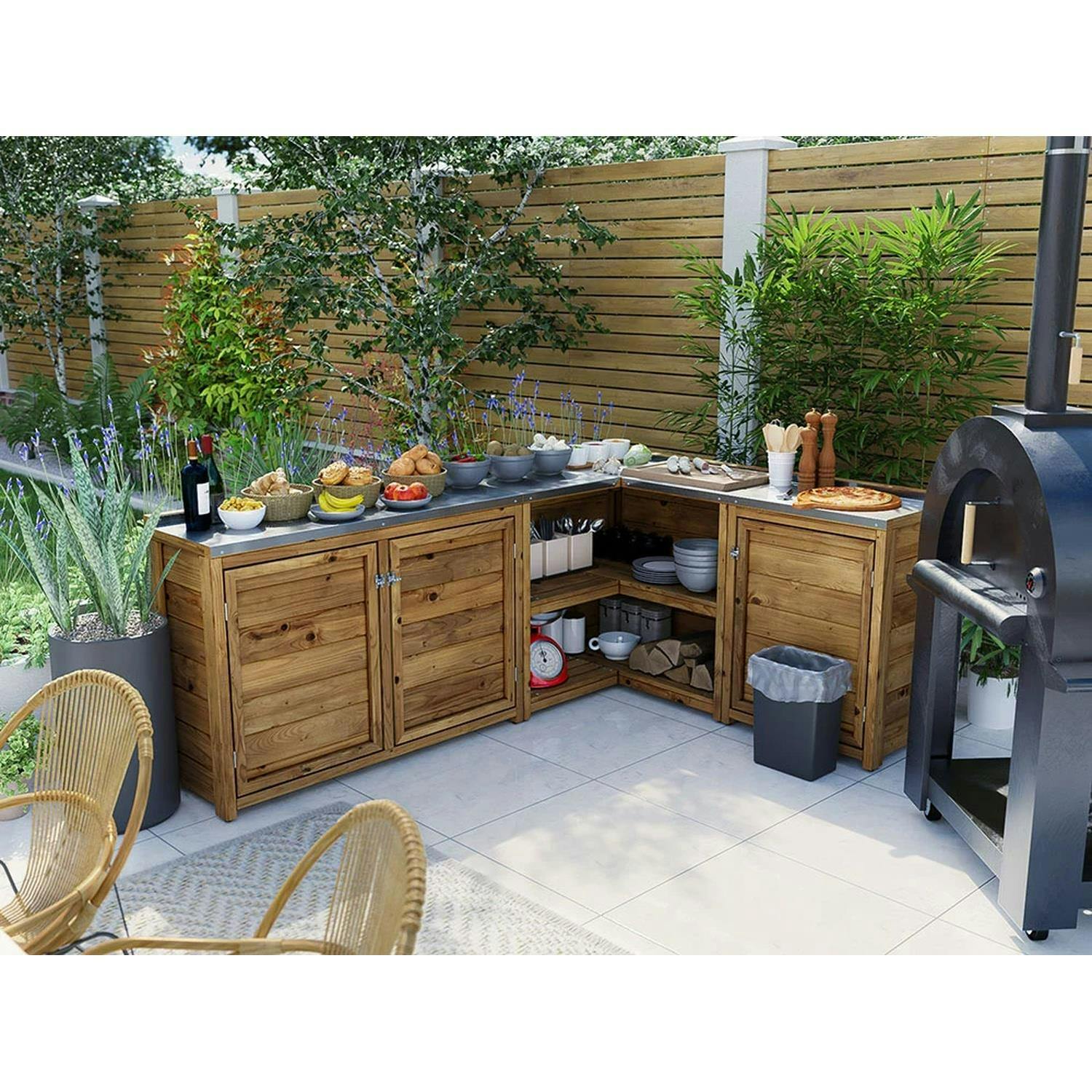 Dunster House Wooden Garden Kitchen Unit L-Configuration With Stainless Steel Countertop, W2m X D1.5m / W7' X D5
