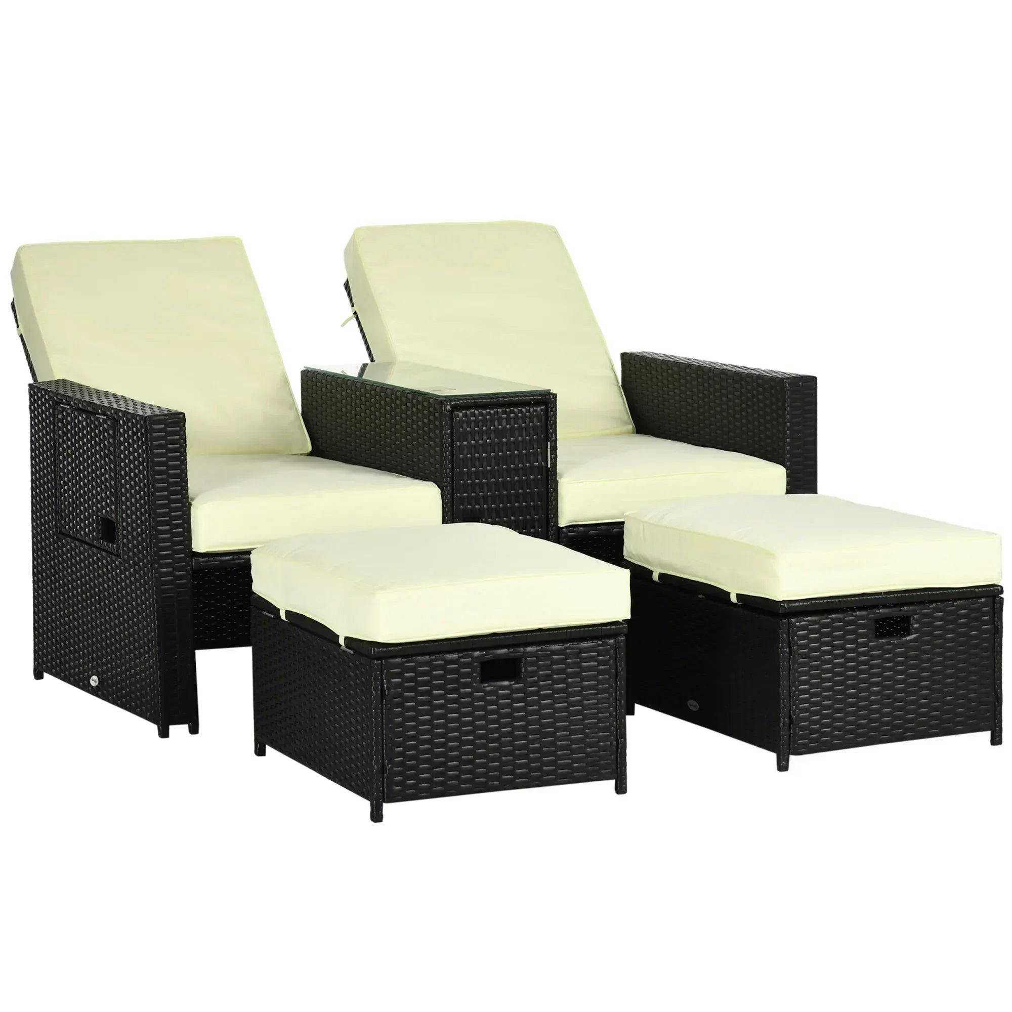 Outsunny Recliner Rattan Sun Lounger W/ Storage Tea Table & Footstools, Balck - Image 7