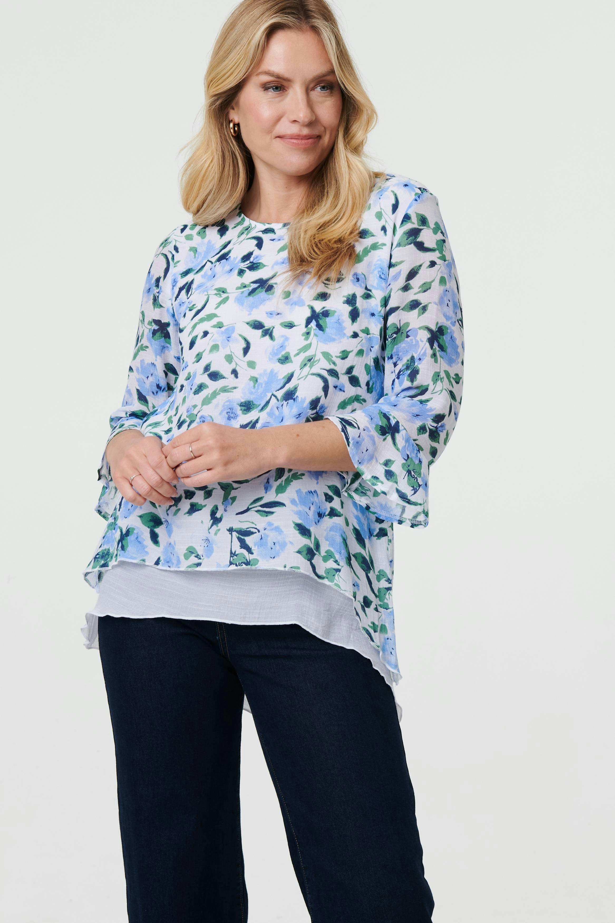 Izabel London Blue Floral Layered 3/4 Sleeve Tunic Top - 12