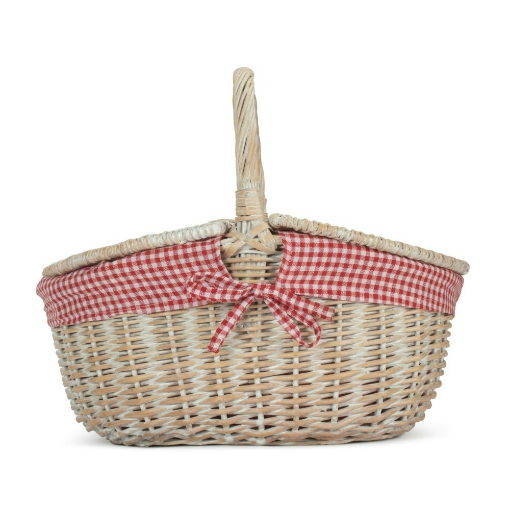 Rackhams Red Whitewash Finish Oval Wicker Shopping Basket - Checked