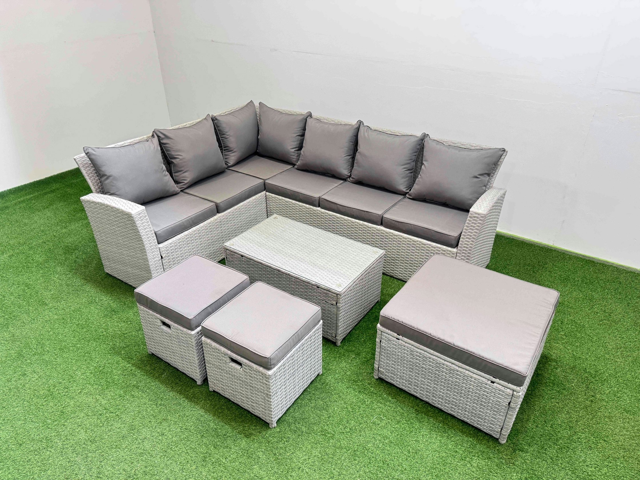 Fimous Light/Grey Outdoor Rattan Garden Furniture Set 9 Seater Corner Sofa Sets With Square Coffee Table 3 Footstools Mixed