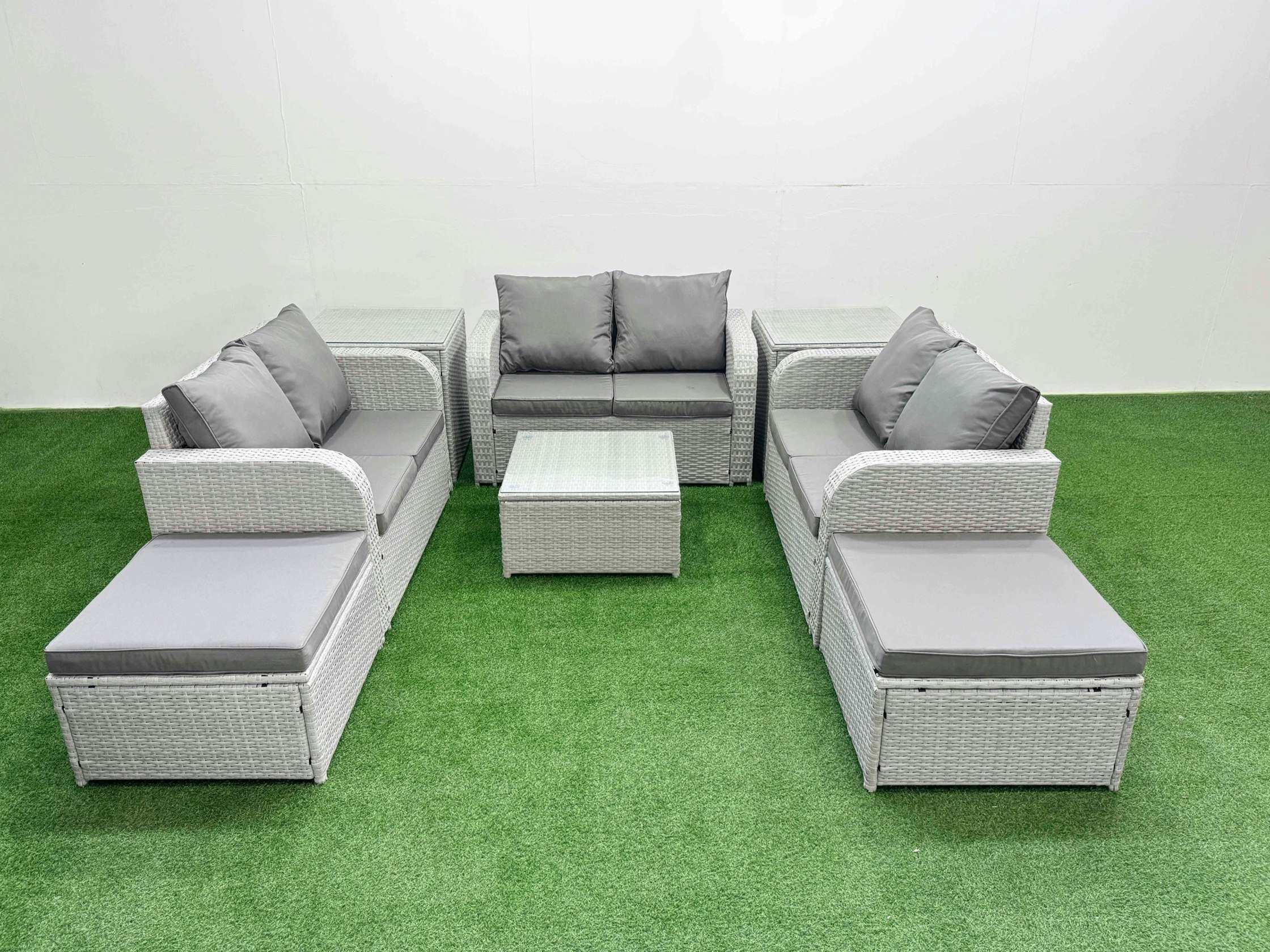 Rackhams Light/Grey 8 Seater Pe Wicker Rattan Furniture Sofa Sets With Square Coffee Table 2 Seater Love Sofa 2 Big Footstool 2 Side Table