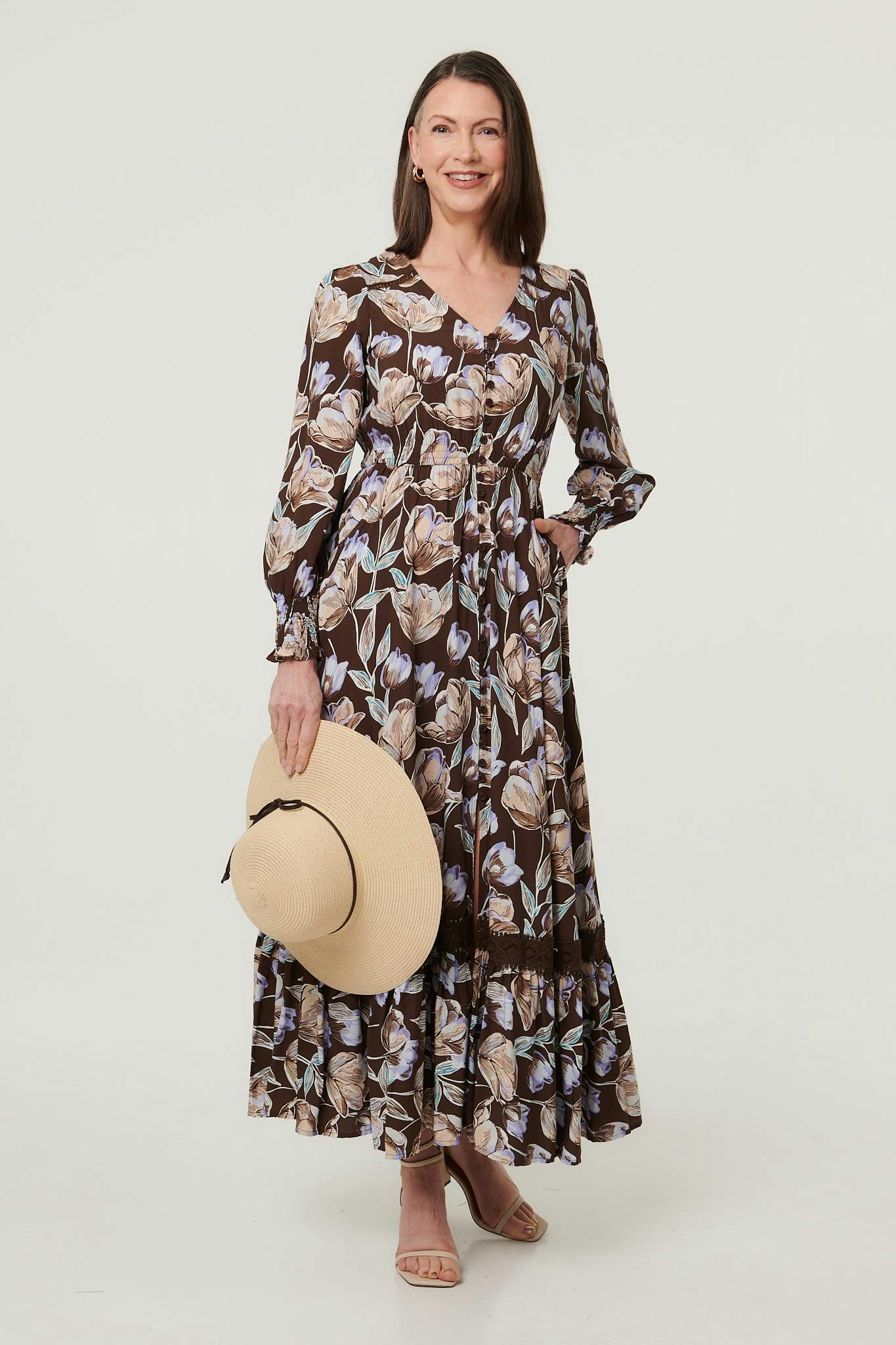 Izabel London Brown Floral Long Sleeve V-Neck Maxi Dress - 14