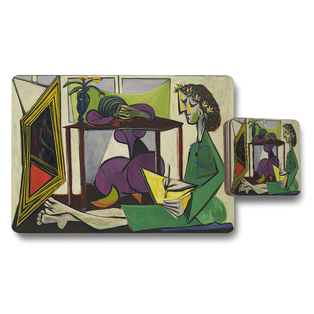 Rackhams Abstract Woman Reading Placemat And Coaster Set With Modern Art