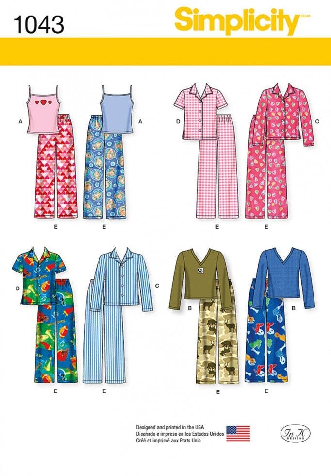 Simplicity Sewing Pattern 1043, Trousers, Pyjamas, Tops For Kids, Ages: 3 - 6 - Easy - Ages: 7 - 14