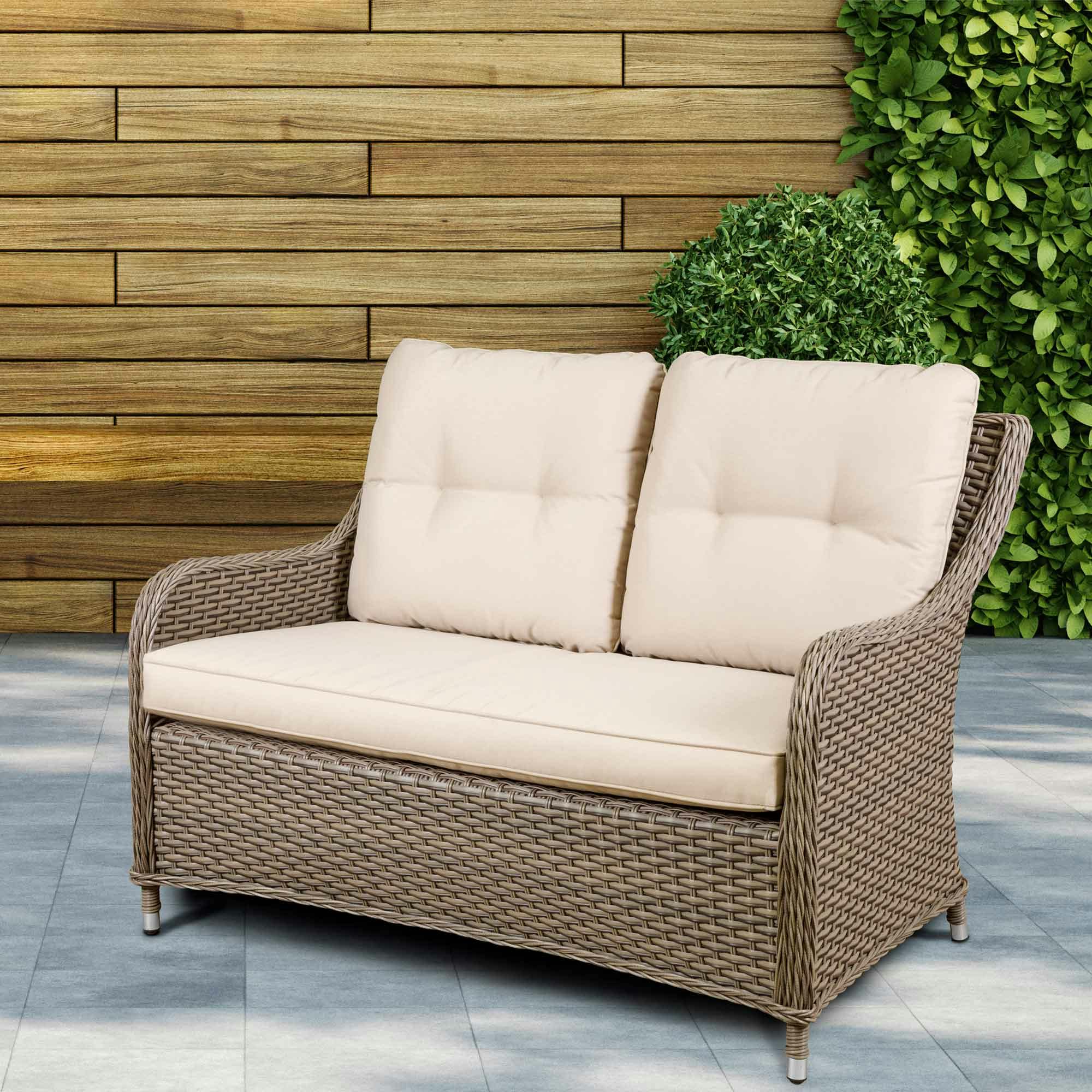 Rackhams Brown Chester Rattan Wicker Outdoor Lounge 2-Seater Sofa With Cushion, - Dg70