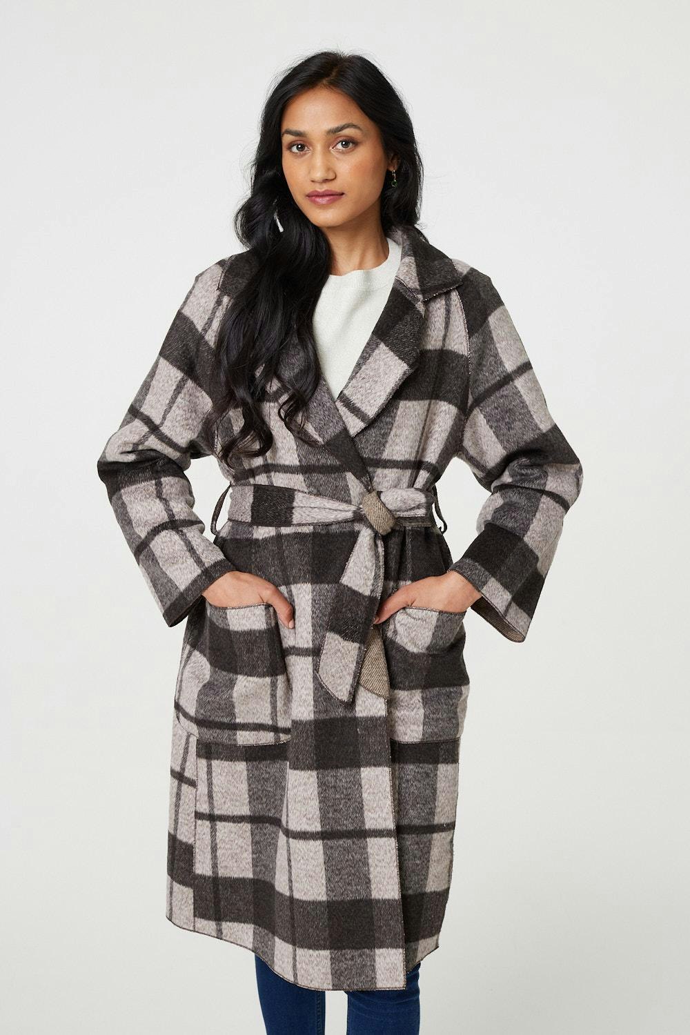 Izabel London Brown Checked Longline Coat With Belt - 8/10