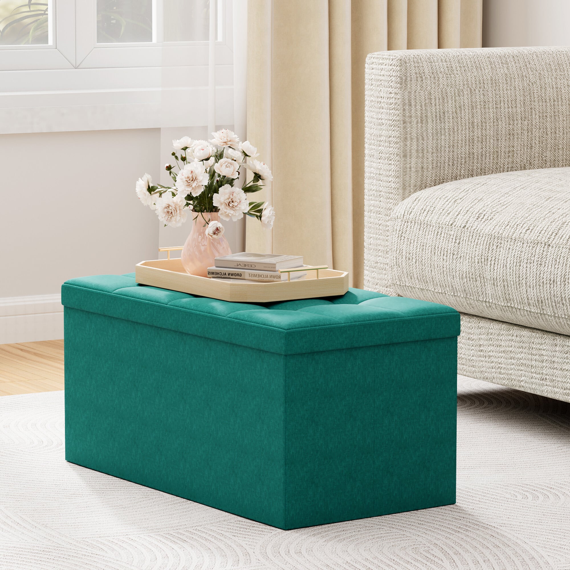 Mcc Foldable Storage Ottoman Bench With Lid, Large Storage Chest, Space Saving Seating & Storage Solution, 76 × 38 × 38 Cm, Green - Image 3