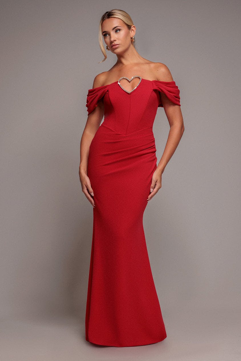 Goddiva Red Diamante Heart Trim Evening Maxi Dress - By - 12