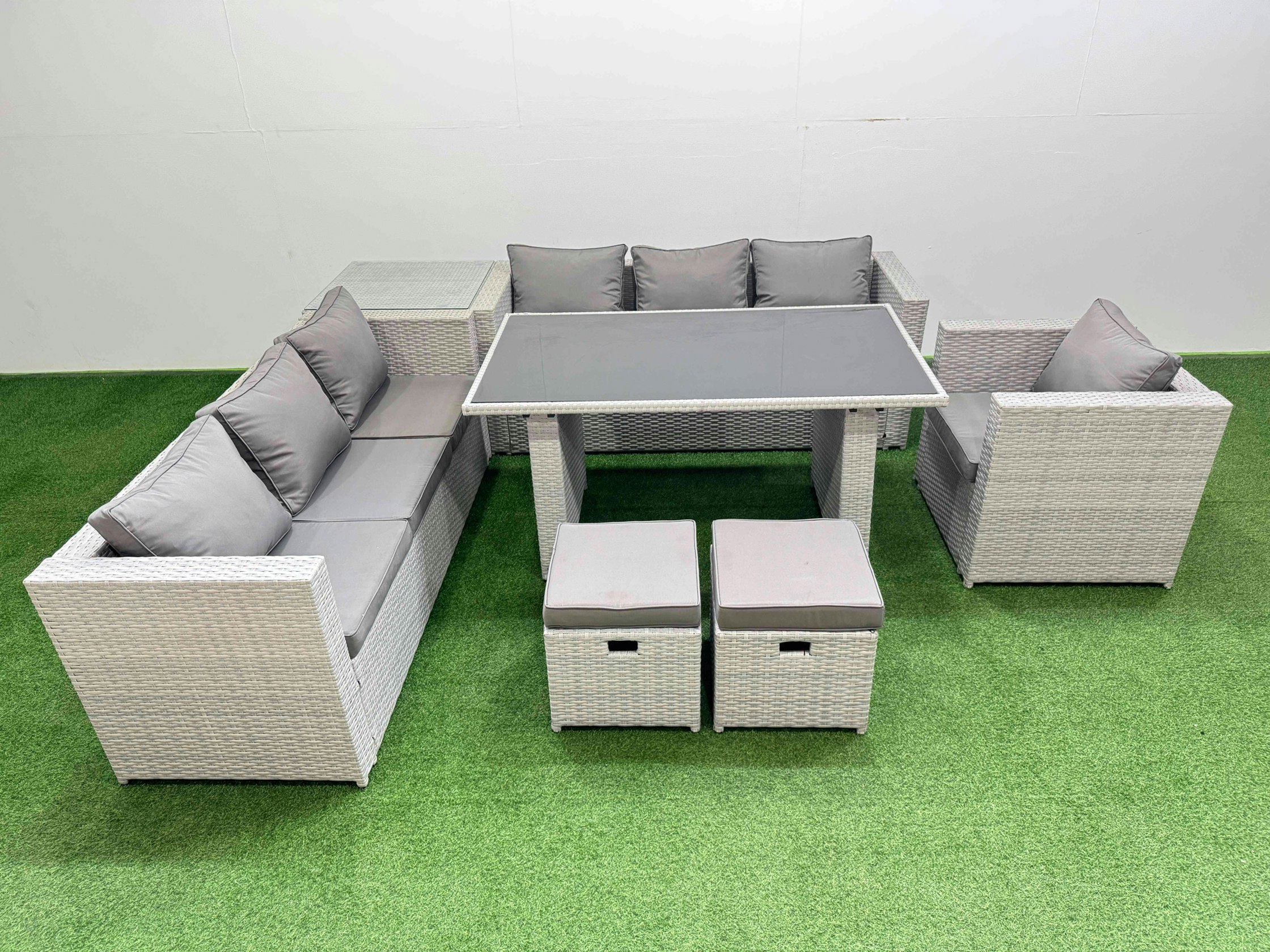Fimous Black/Light/Grey Patio Garden Furniture Sets With Glass Top Dining Table 3 Seater Sofa Armchair Side Table 2 Small Stool