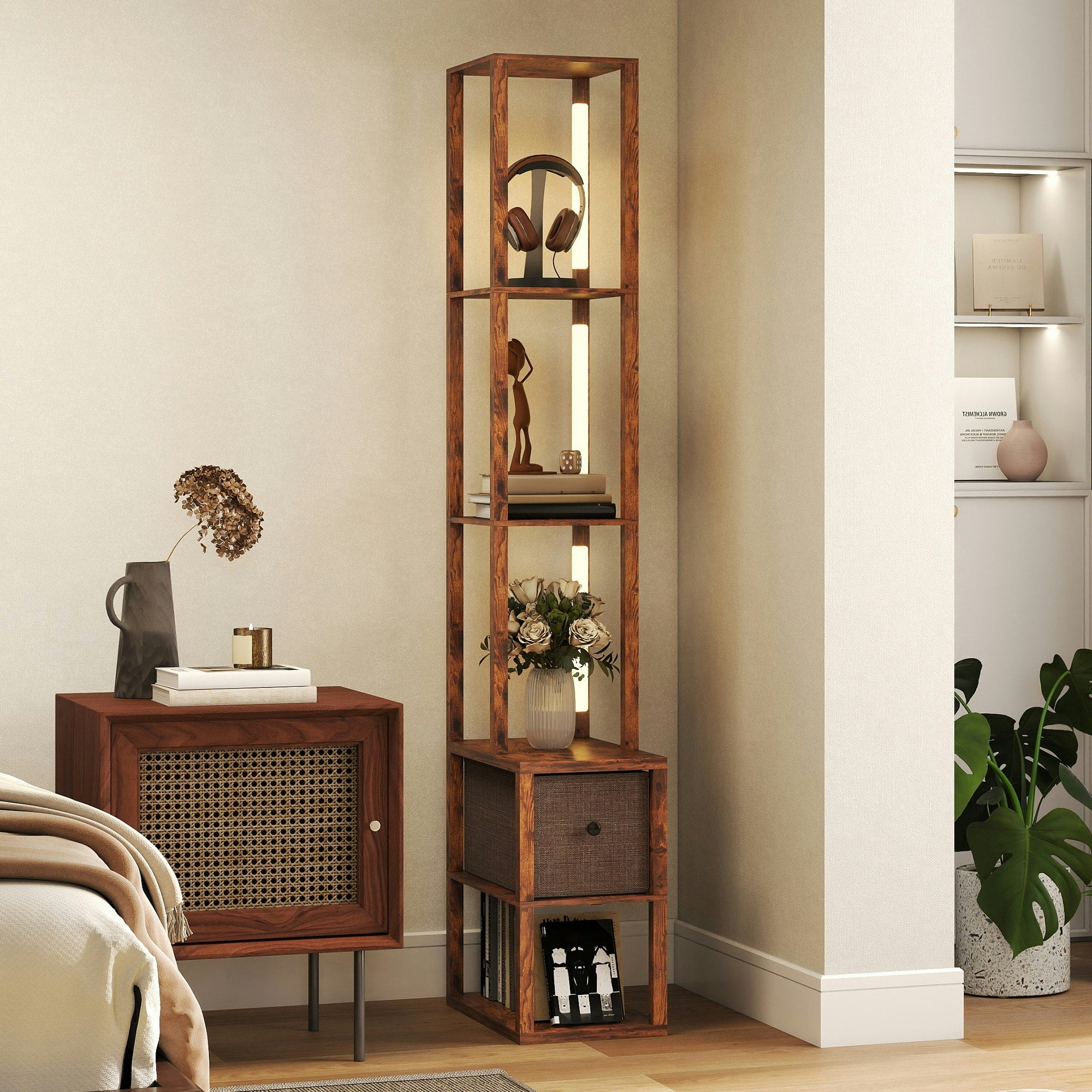 Homcom Brown Floor Lamp With Shelves, Led Standing Lamp With Fabric Drawer, Oak - Rustic