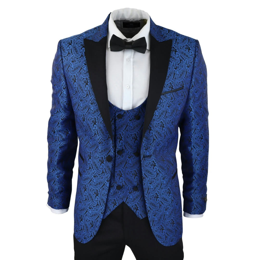 Truclothing Men's Black/Blue Stz60 - Paisley Tuxedo Blazer And Waistcoat Dinner Jacket Satin - 48
