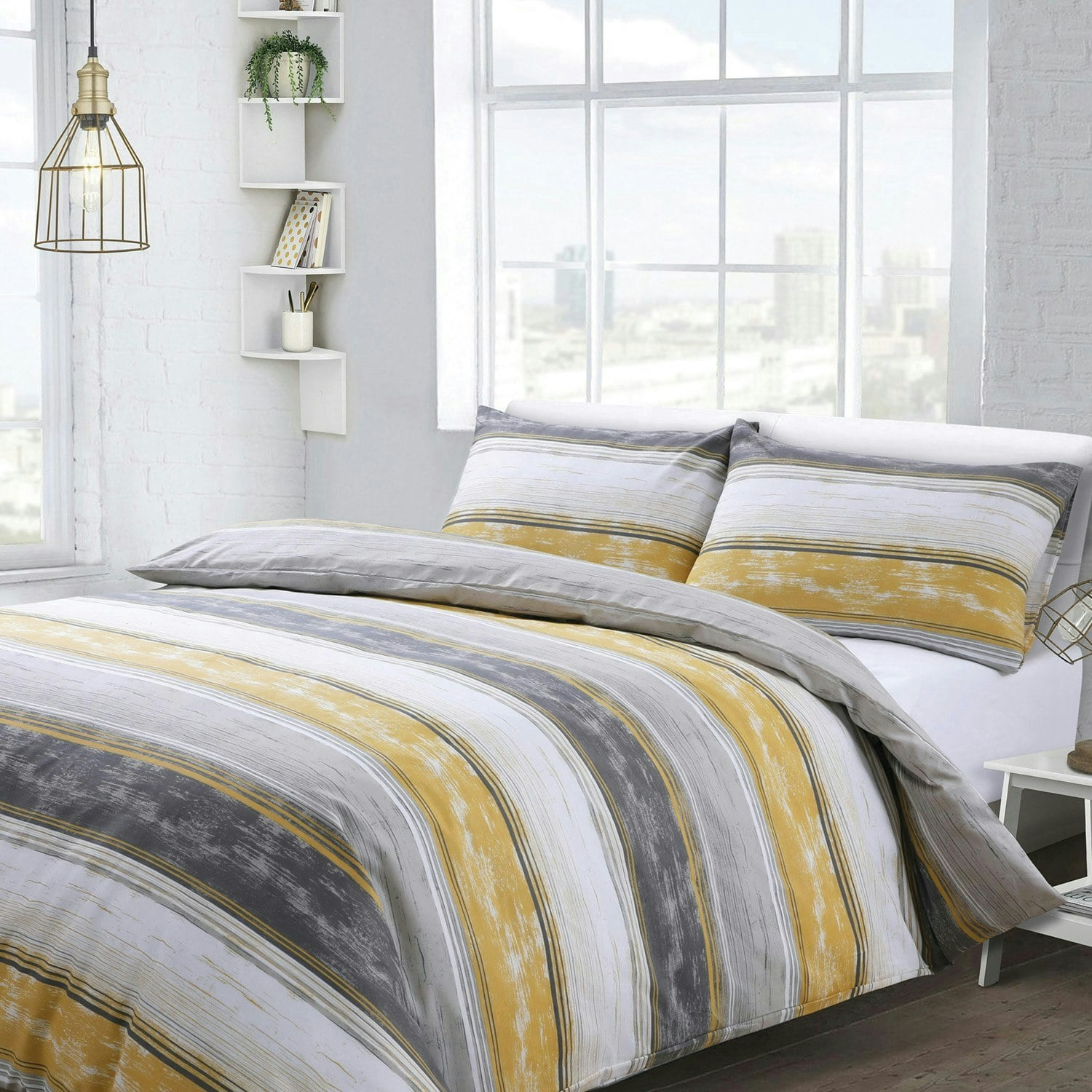 Velosso Yellow Brooklyn Stripe Printed Cotton Blend Duvet Cover And Pillowcase Set - King