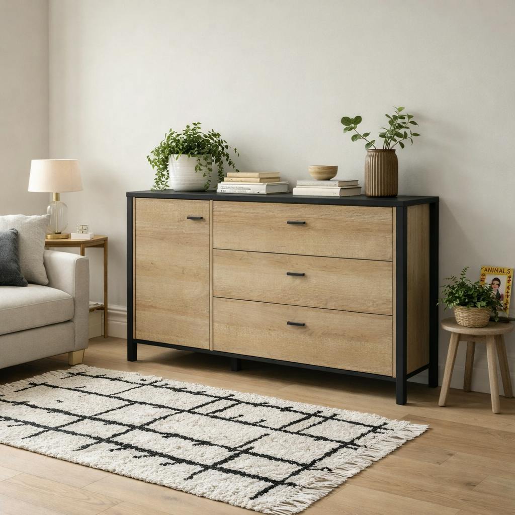 Rackhams Black Egtved And Natural Oak Wood Effect 1 Door 3 Drawer Sideboard