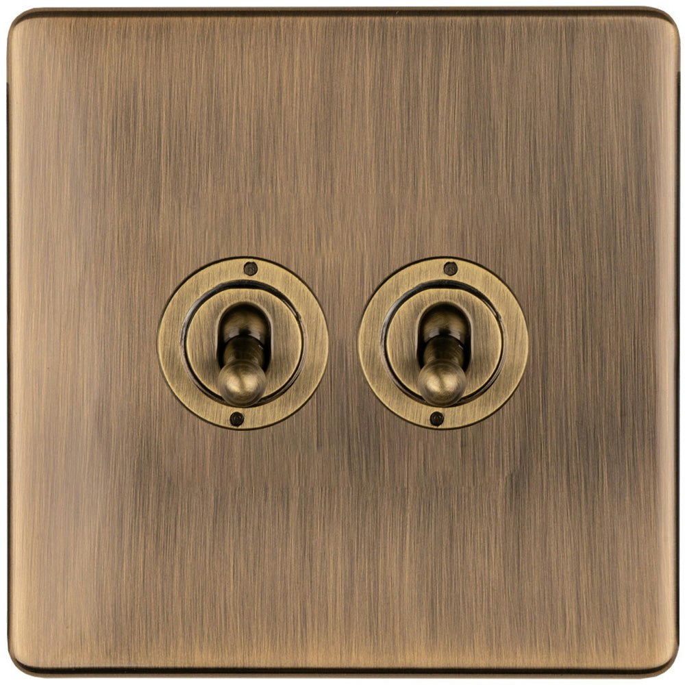 Rackhams Light Gang Double Retro Toggle Switch Screwless Antique Brass 10A Way Lever Size 2
