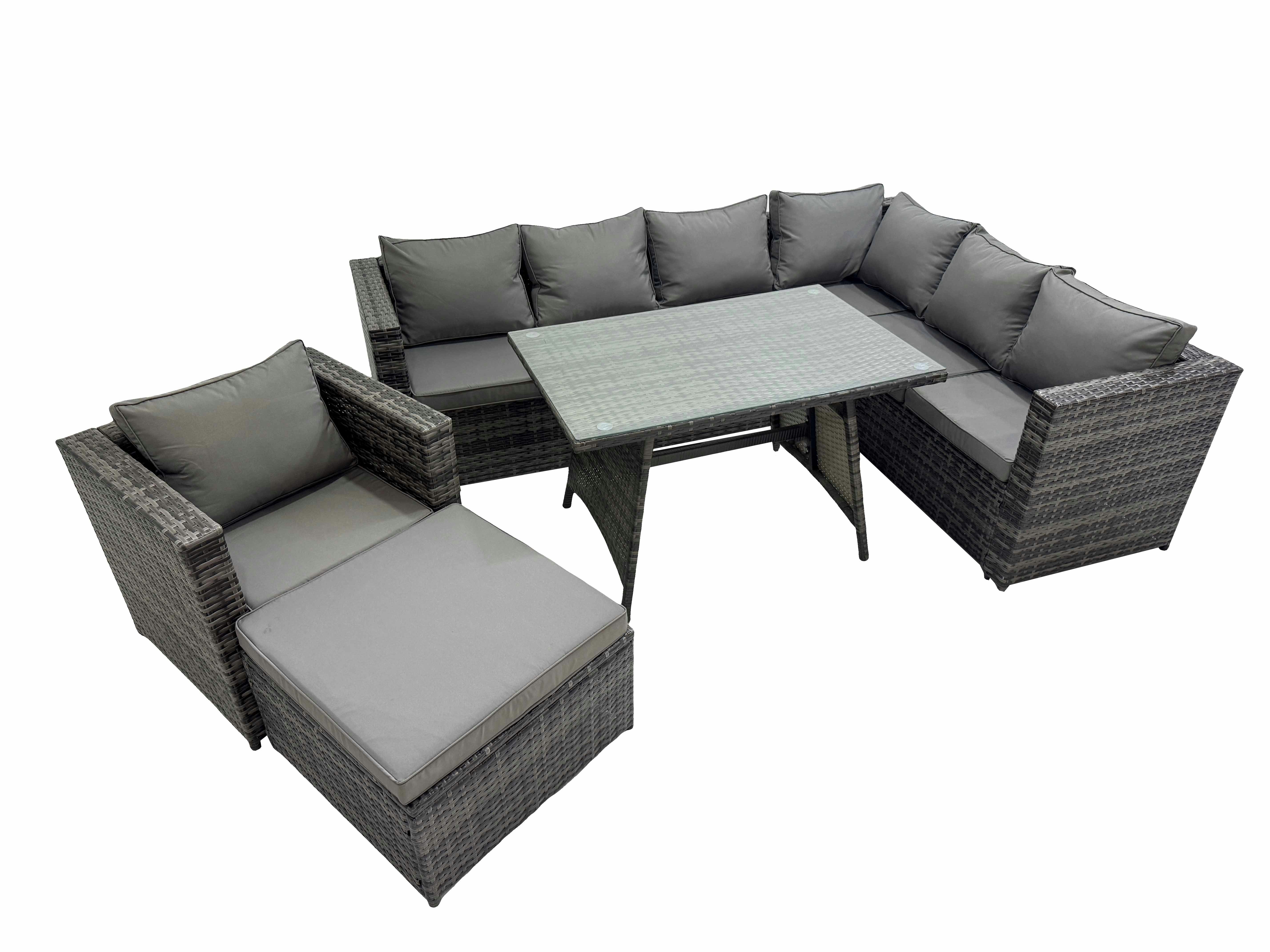 Fimous Dark/Grey Rattan Garden Furniture Patio Furniture Sets With Dining Table Big Stool Chair Mixed