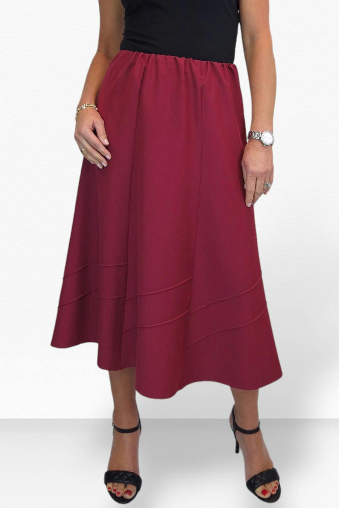 Paulo Due Women's Burgundy Smart Elasticated Waist Flared Swing Skirt - 14