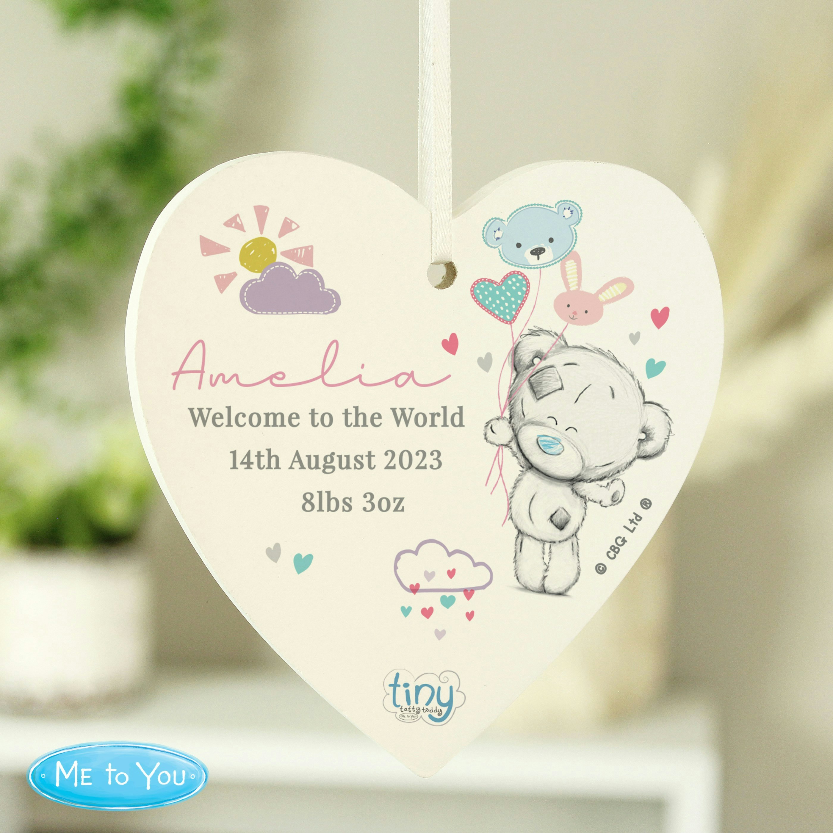 Rackhams Pink Personalised Tiny Tatty Teddy Wooden Heart Decoration