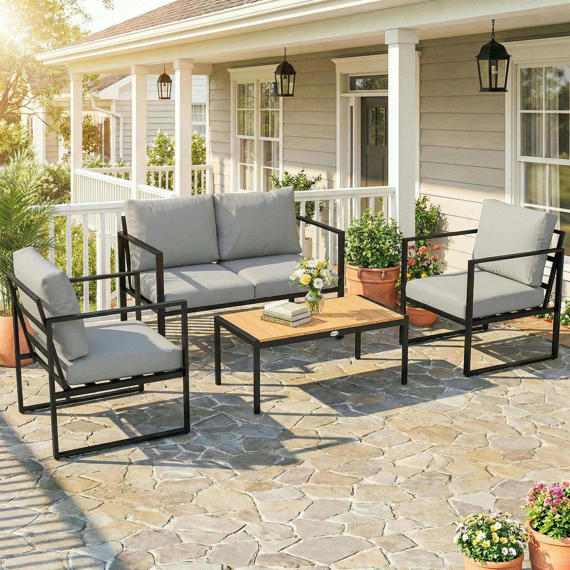 Rackhams Grey Outdoor Garden Furniture Set, 4 Piece Patio Furniture - Metal, Plastic Wood, Polyester - 4-Piece Set