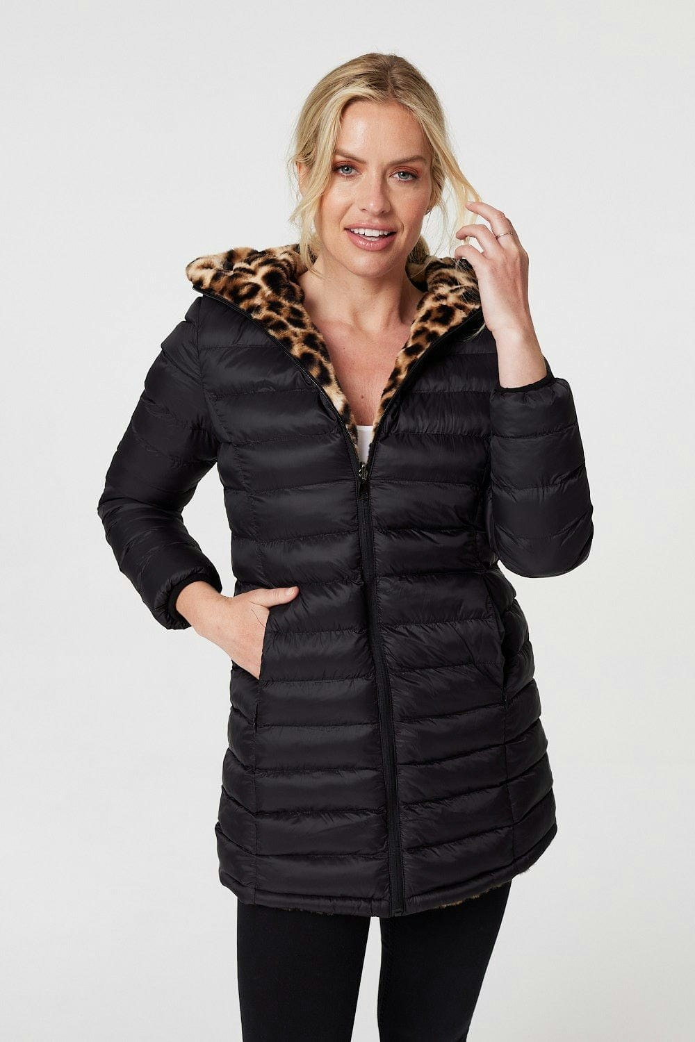 Izabel London Black Reversible Leopard Faux Fur Puffer - 8