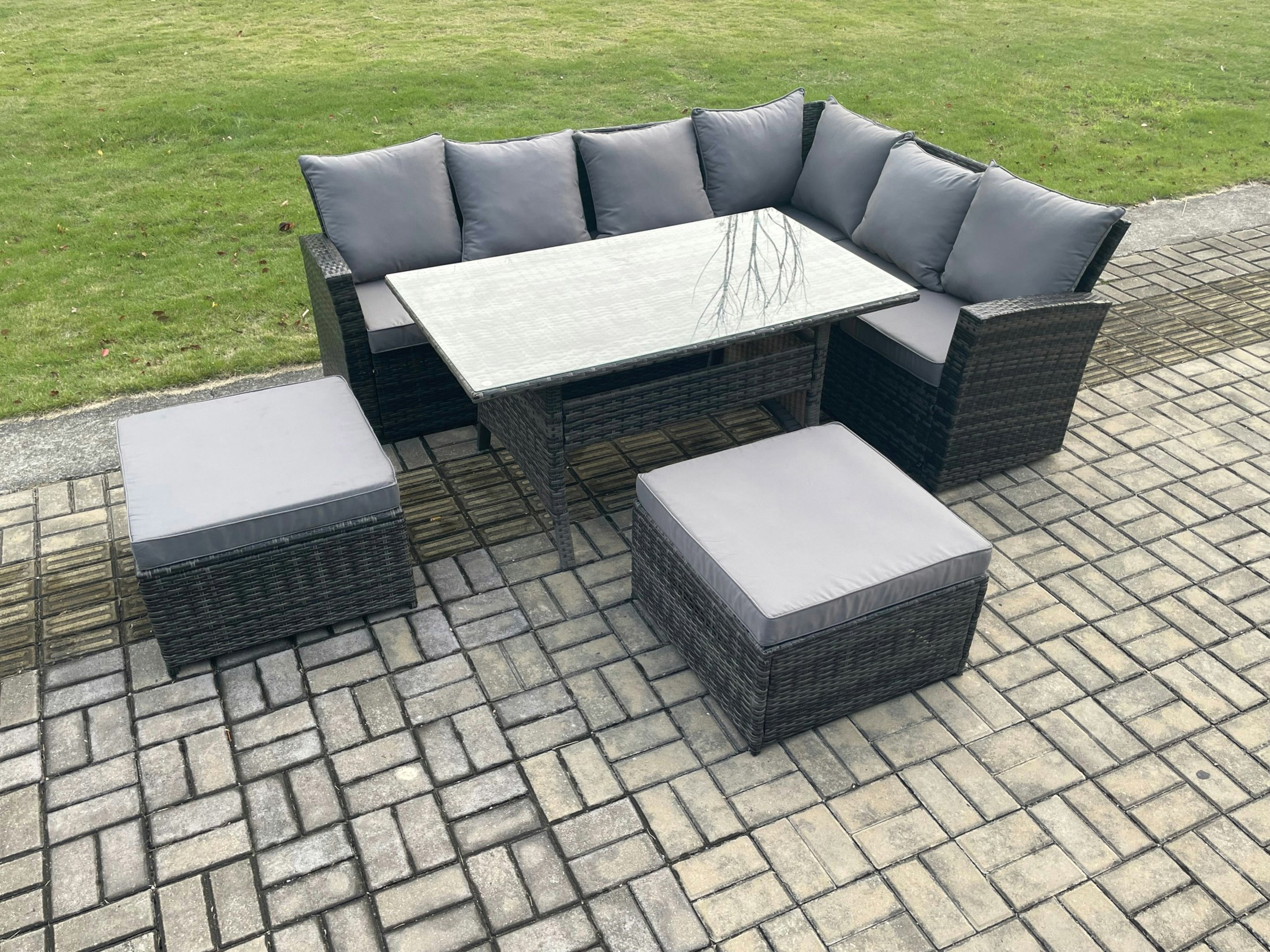 Fimous Dark/Grey 8 Seater Outdoor Furniture Garden Dining Set Rattan Corner Sofa Set With Rectangular Dining Table Big Footstool Mixed