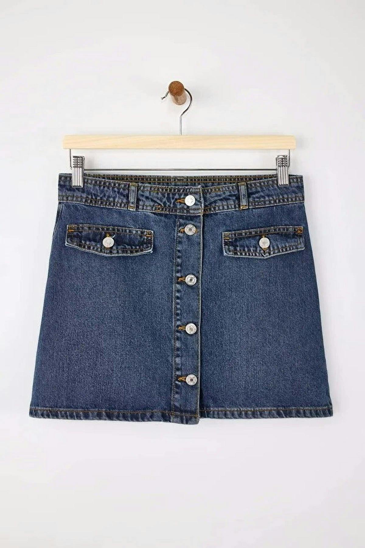 Wovcor Blue Button Detail Mini 100% Cotton Denim Skirt - 6