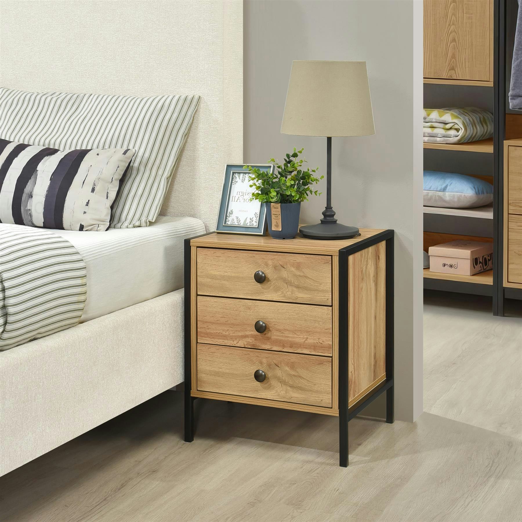 Swish Furniture Black Alva 3 Drawer Bedside - Oak