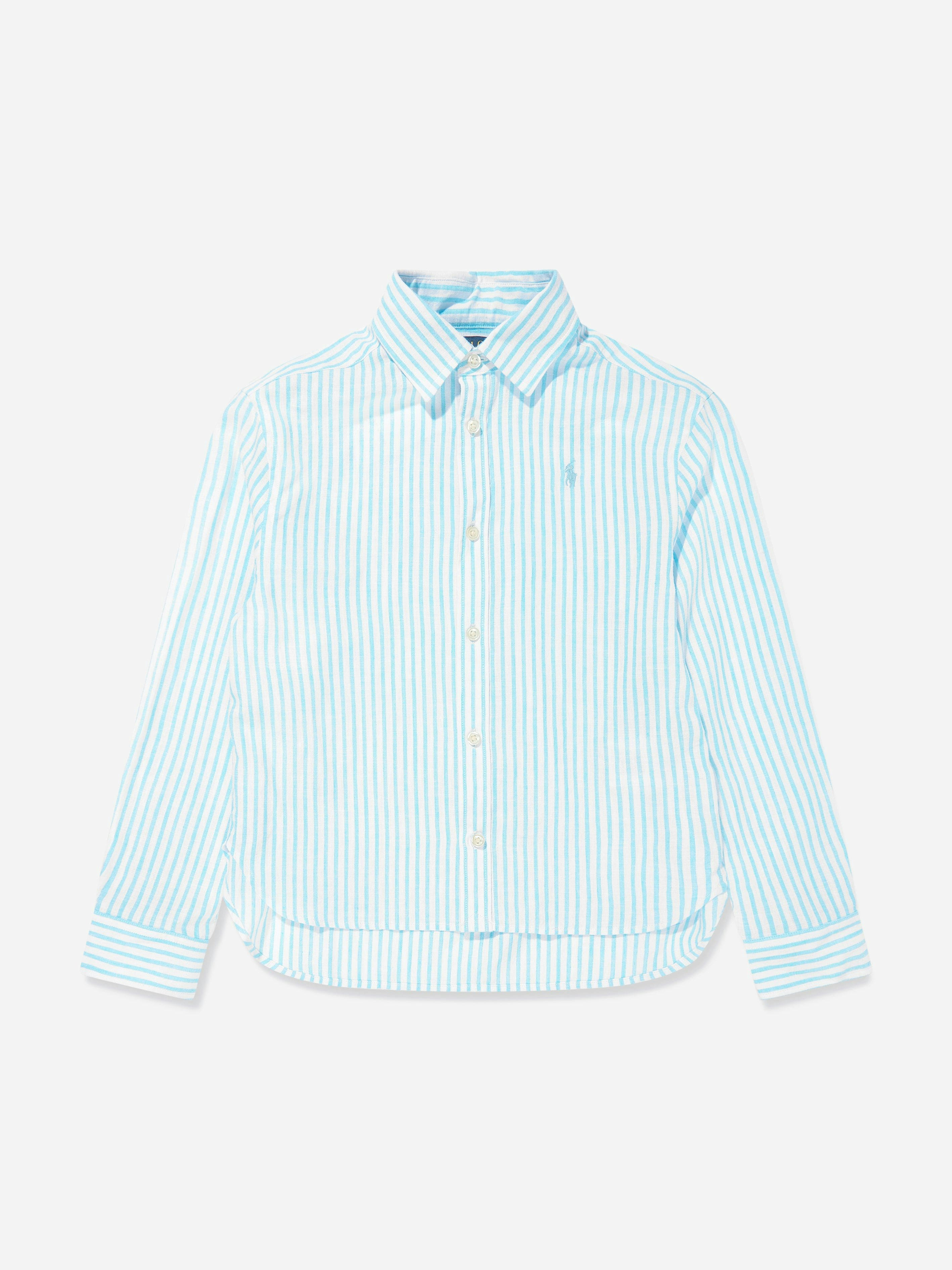 Ralph Lauren Kids Girls Blue Ralph Lauren Striped Logo Shirt In - Us 7 - Uk 7 Yrs