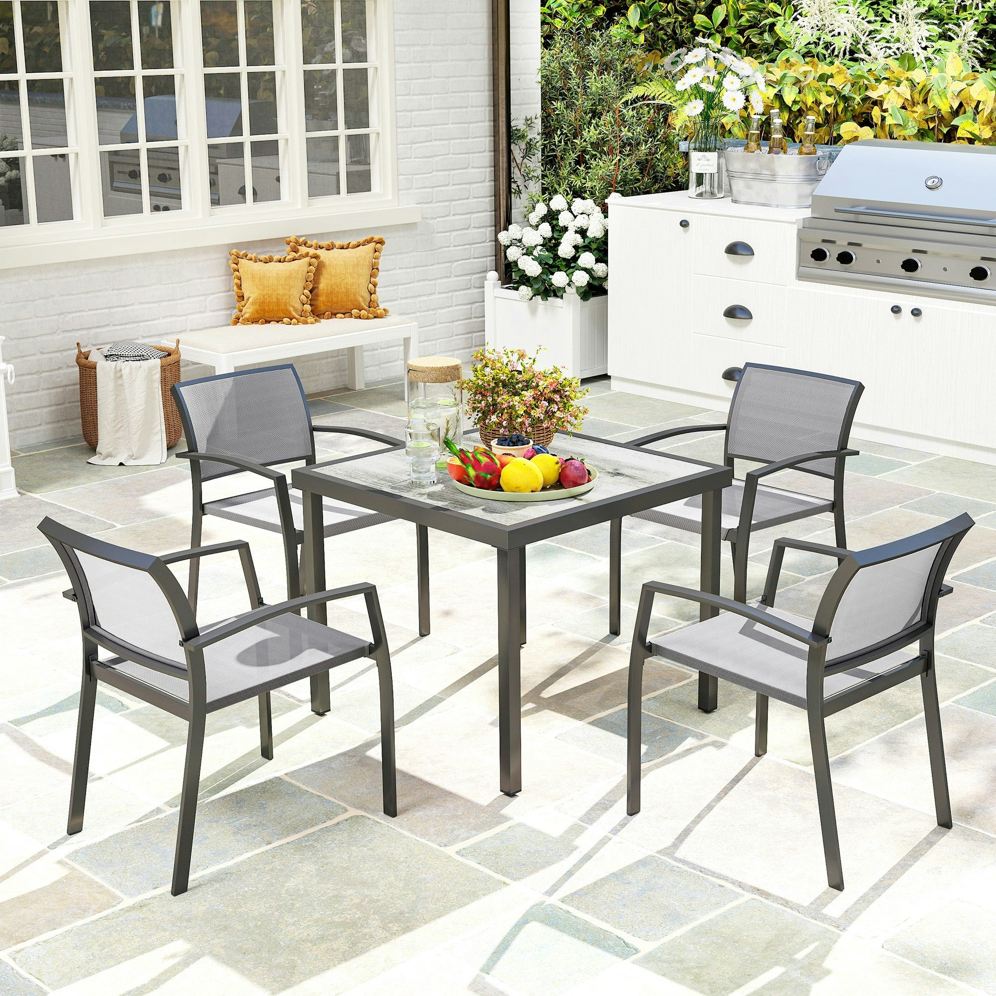 Rackhams Grey 5 Piece Garden Furniture Set With 4 Stackable Armchairs, - Steel, Texteline, Pspc - 87L X 87W X 72H Cm