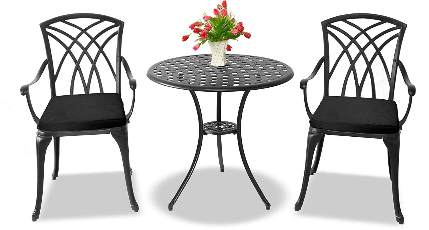Rackhams Black Oshowa Garden And Patio Table And 2 Large Chairs With Armrests Cast Aluminium Bistro Set - Cushions