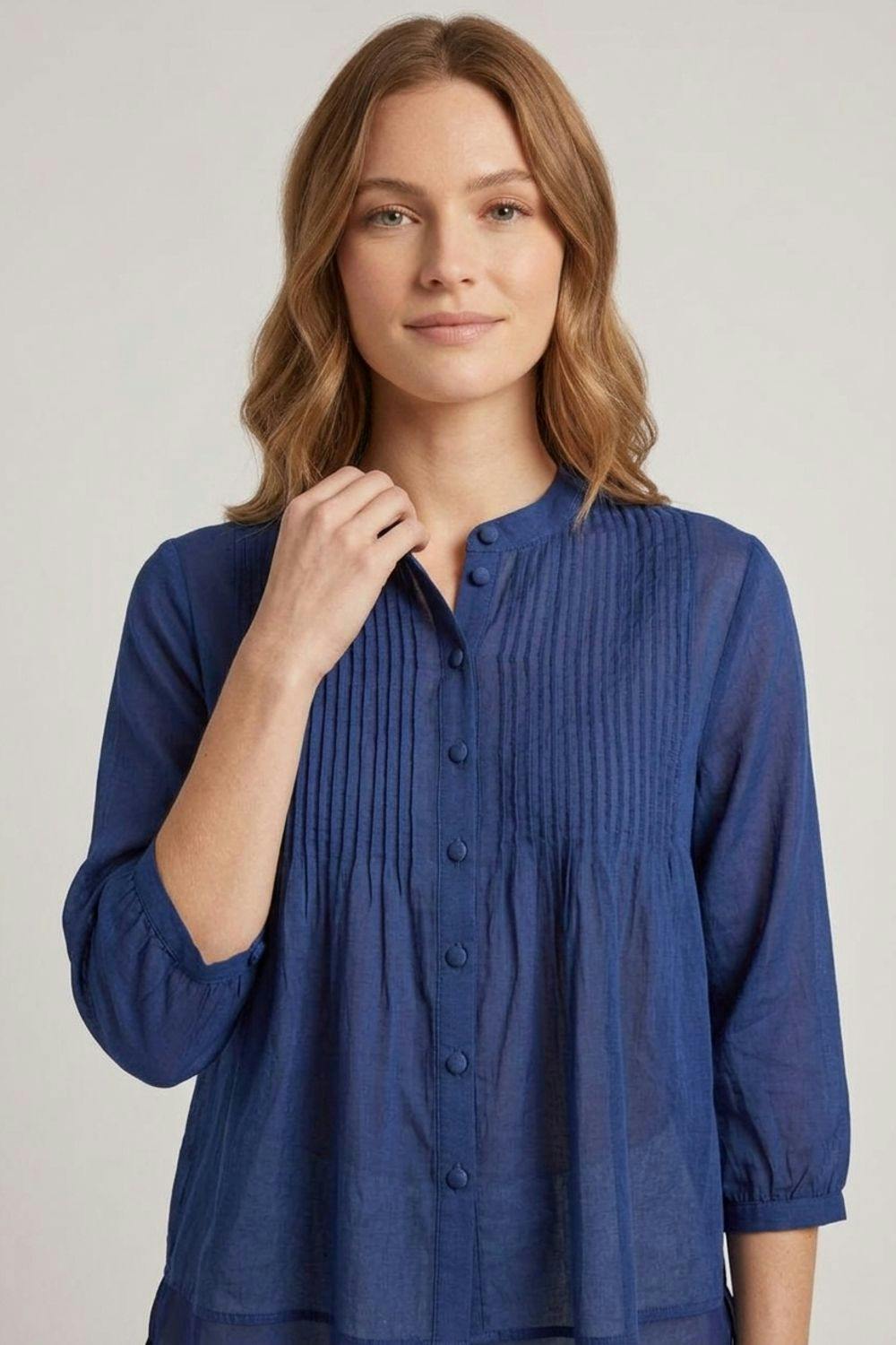 Izabel London Blue Layered Semi Sheer Pleat Front Blouse - 16 - Navy
