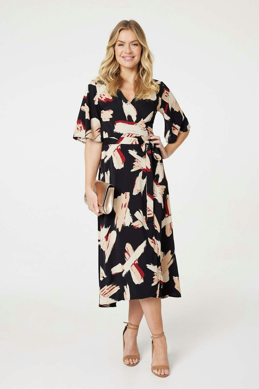 Izabel London Black Printed 1/2 Sleeve Midi Dress - 8
