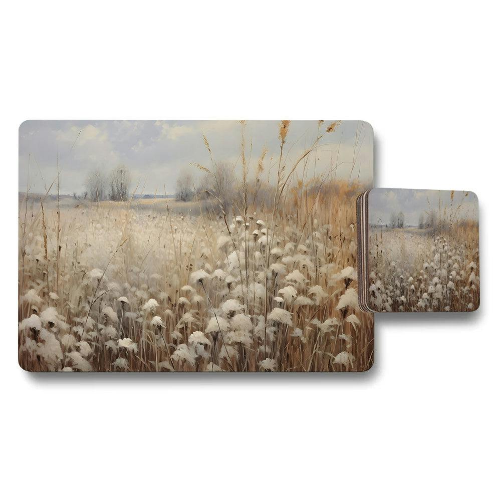 Benjamin Tate Design Ivory/Gold Winter Field Grass Placemats And Coaster Set For Dining Table