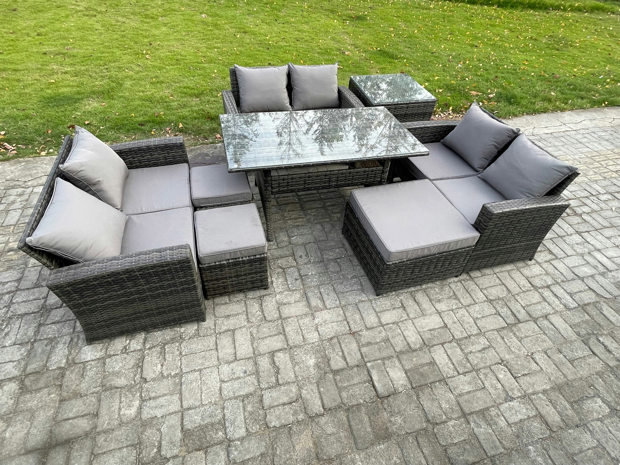 Fimous Dark/Grey Wicker Pe Rattan Garden Furniture Set - Mixed Outdoor Lounge Sofa With Oblong Dining Table & 3 Footstools