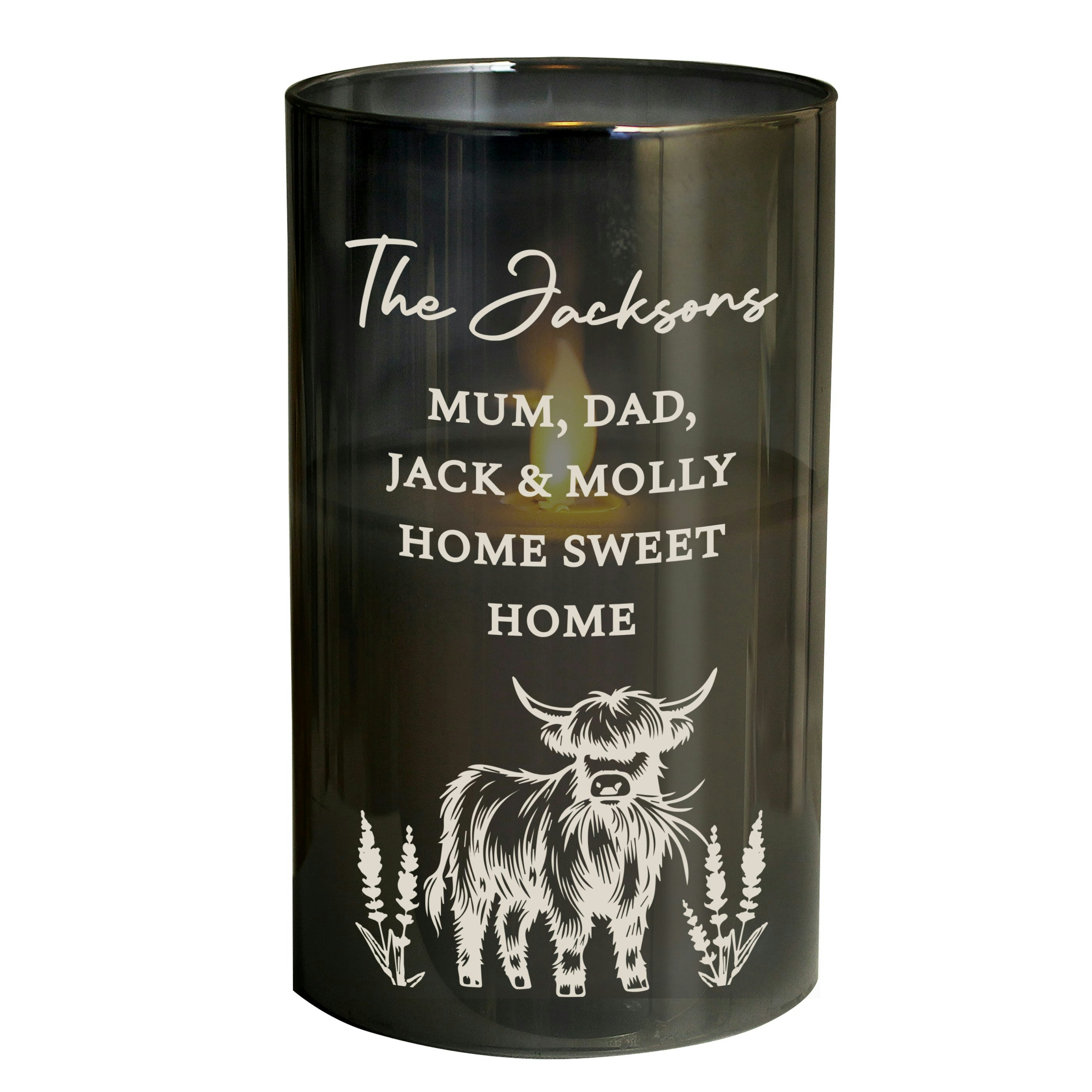 Personalised Memento Company Amber Personalised Highland Cow Glass Led Candle