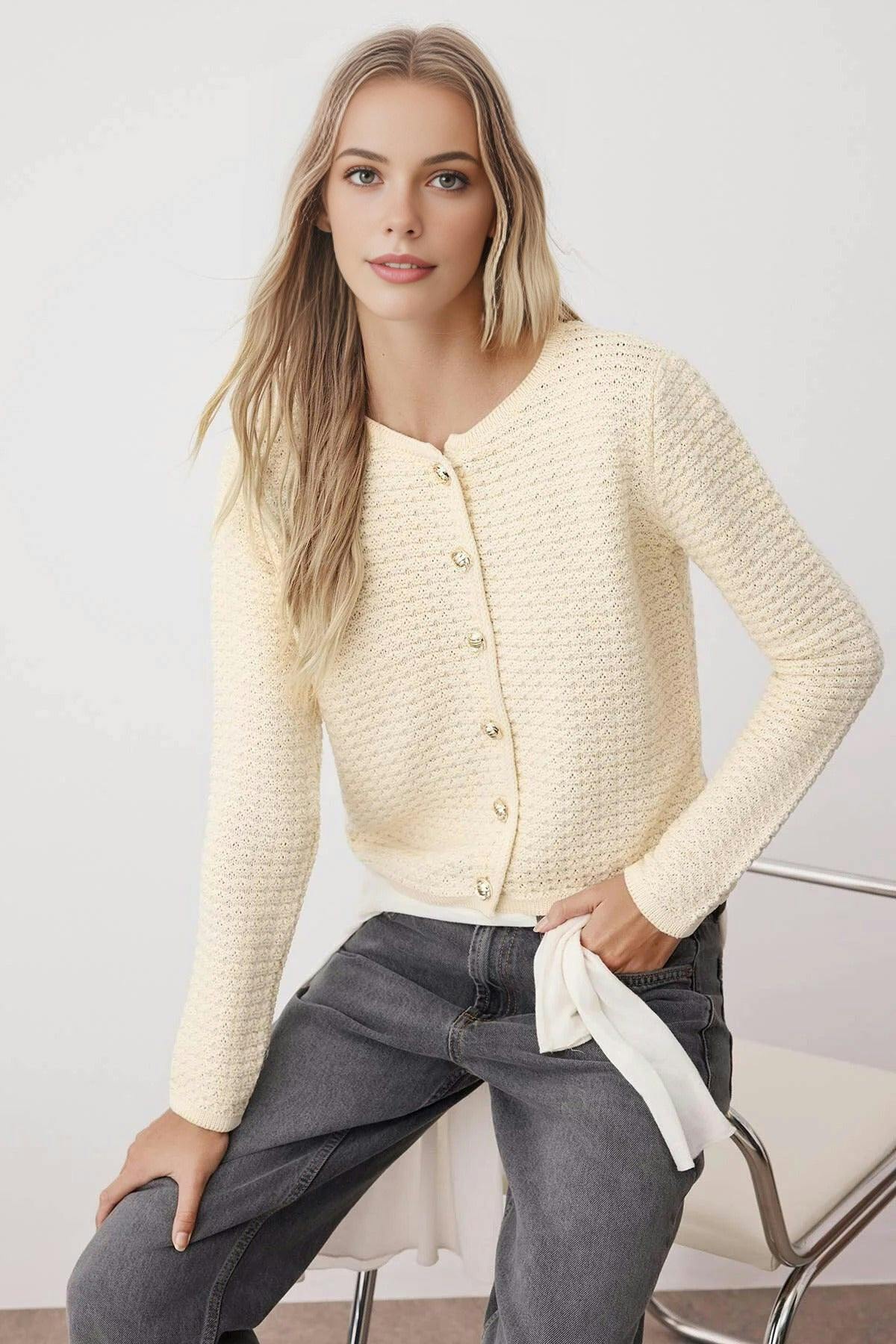 Wovcor Textured Look Knit Cardigan - Stone - S