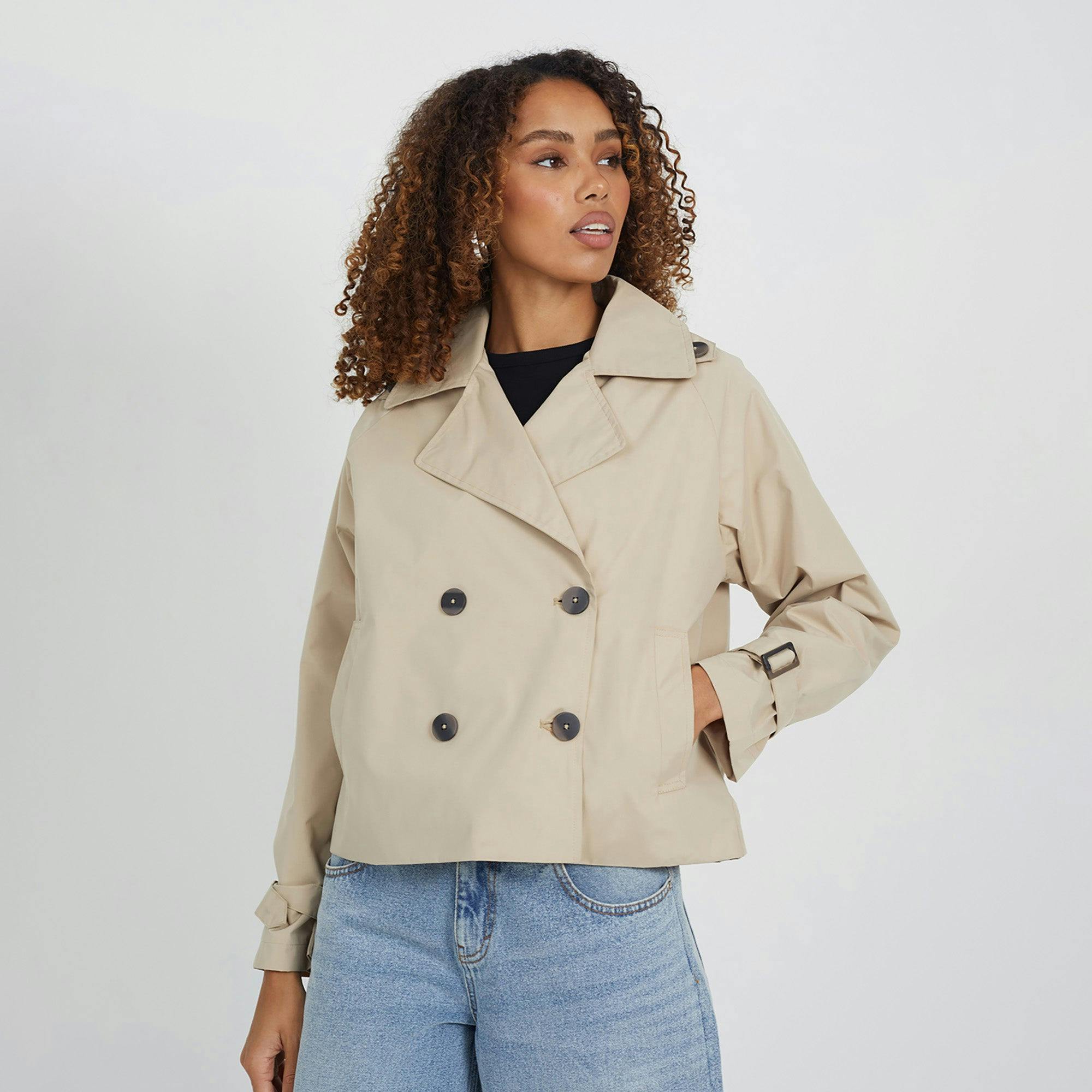 Brave Soul Double Breasted Short Trench Coat - Stone - Stone - 10