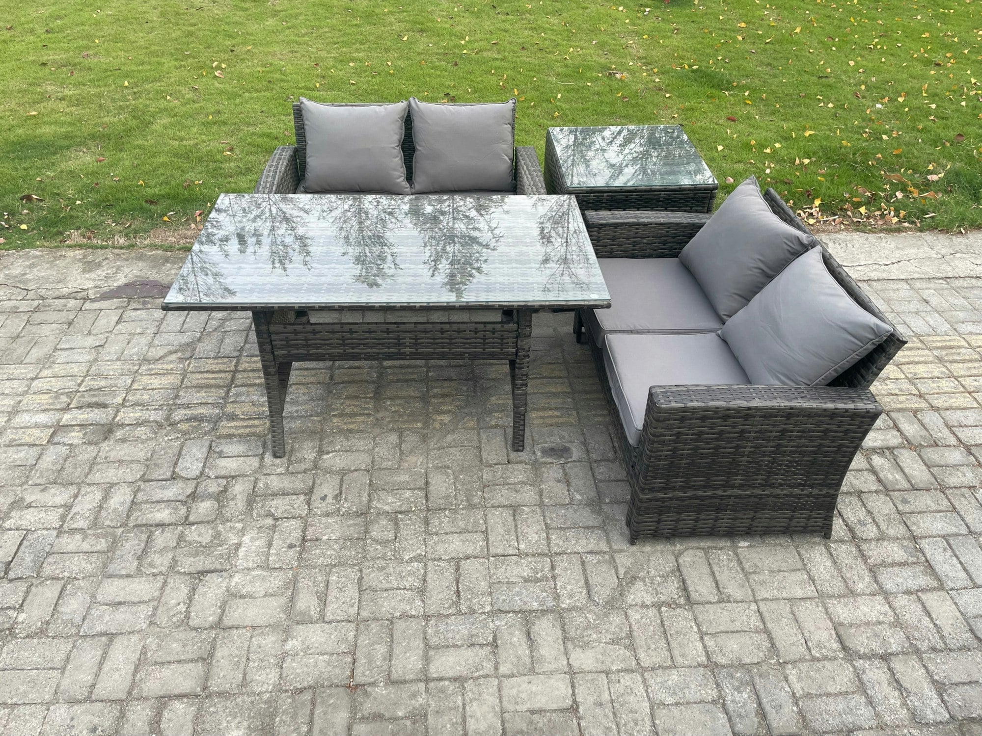 Fimous Dark/Grey Pe Wicker Rattan Garden Furniture Set Love Sofa Outdoor Rectangular Dining Table Side Table