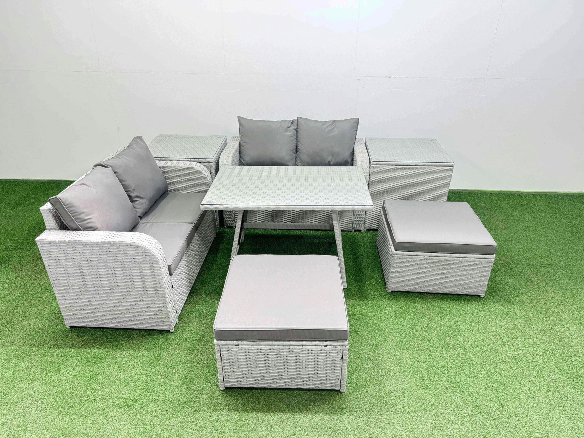 Rackhams Light/Grey 6 Seater Outdoor Love Sofa Set Rattan Garden Furniture Set With Rectangular Dining Table 2 Side Tables 2 Big Footstool