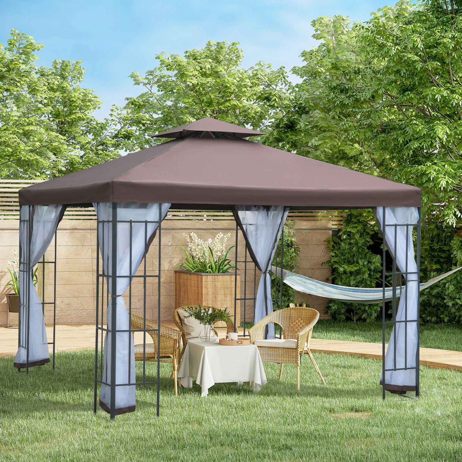 Outsunny 3 X 3(M) Patio Gazebo Canopy Garden Pavilion With 2 Tier Roof, Coffee
