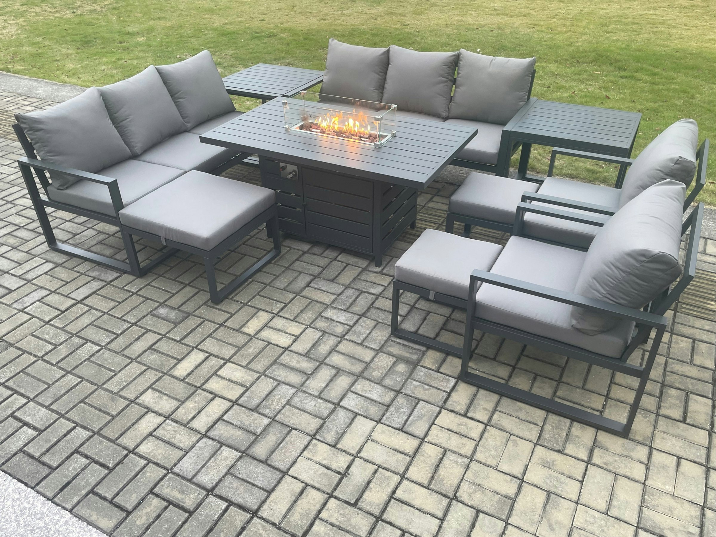 Rackhams Dark/Grey Aluminium Garden Furniture Outdoor Set Patio Lounge Sofa Gas Fire Pit Dining Table Set With 3 Footstools 2 Side Tables
